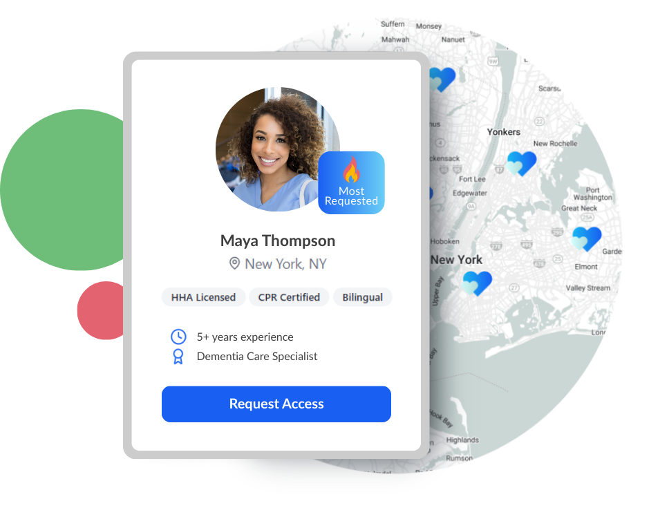CareCommunity caregiver profile card with map showing job locations