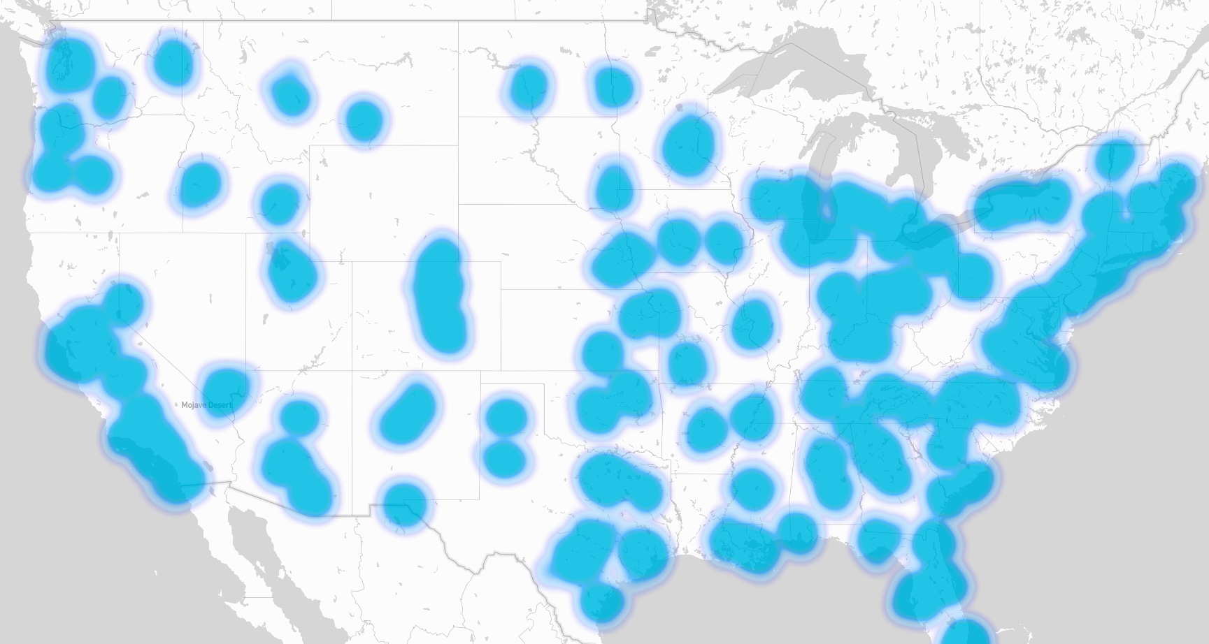 Heatmap of CareConnect's caregiver pipeline across the United States, with active supply in every state and concentrations across the Northeast, Southeast, Texas, the Midwest, and the Pacific Coast.