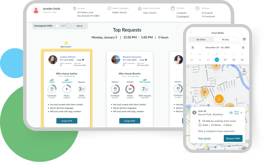Caregiver Choice platform showing shift management