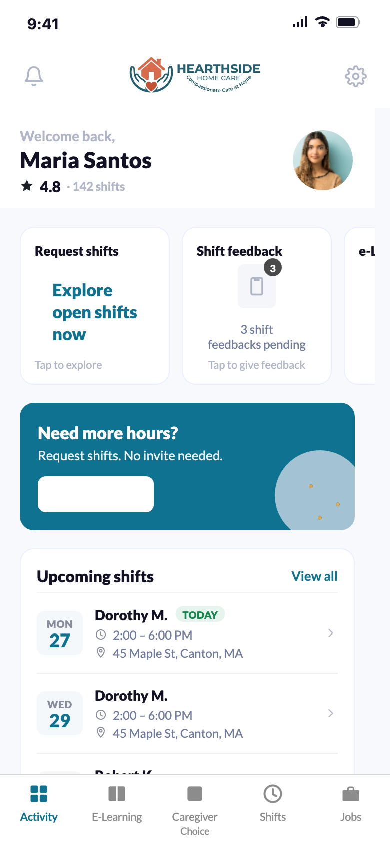 Caregiver mobile app white-labeled as Hearthside Home Care, showing upcoming shifts where caregivers clock in for EVV-verified visits